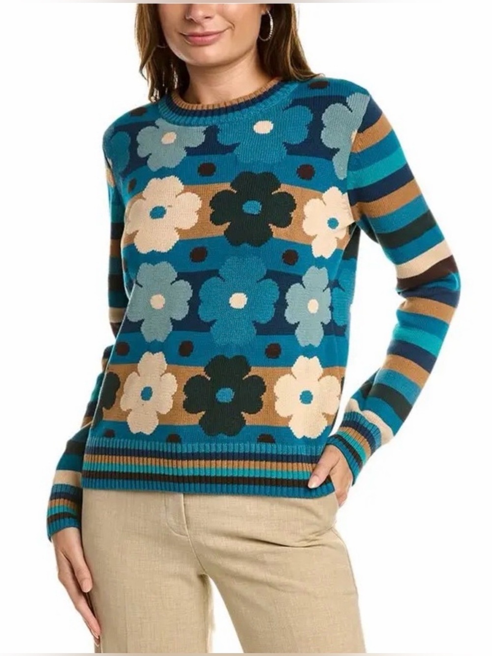 Tyler Boe Novelty Floral Stripe Crewneck Sweater in Blue Multi, Size Large